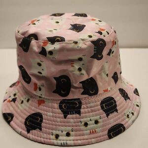 NWOT Adult Sized Unisex Bucket Hat Light Pink with Black and White Cats